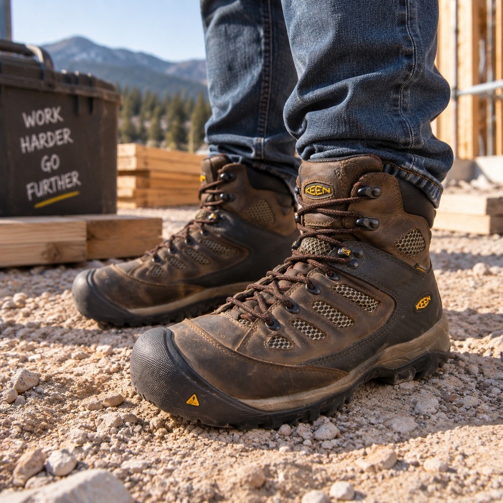 KEEN Utility Tucson Mid Work Boots 9.5EE Mens Steel Toe Brown Black Boots
